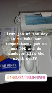 Photo of thermometer, box of vinyl glovers and box of medical masks. Text over the image explains that Debbie is taking her temperature before her shift.