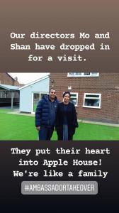 Photo of a couple posing for the camera in Apple House garden. The text introduces them as the owners of the care home.