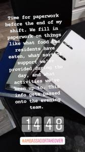 Photo of a pile of folders. The text over the image explains that Debbie is doing paperwork at the end of her shift.
