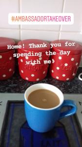 Photo of a mug of tea. The text over the image explains that Debbie is enjoying her first cup of tea after getting home from work