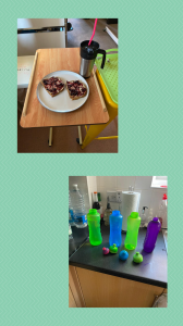 Two photos on a green background. One image is of a hot drink and a plate of toast. The other image is of four water bottles.
