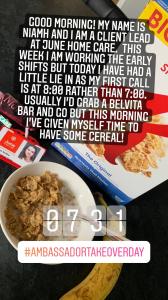 Photo of a box of breakfast cereal and a bowl of bran flakes. Text is written over the photo explaining that it is breakfast time.