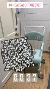 Photo of a commode chair in a wet room. Text over the image explains what is in the image,