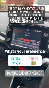 Photo of a car radio with an Instagram poll over the top asking the audience to vote for their preferred radio station.
