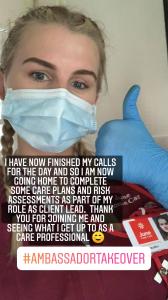 Selfie of a young female care professional who is doing a 'thumbs up'. Text over the image explains that she has finished her last visit for the day and will be heading home to do paperwork.